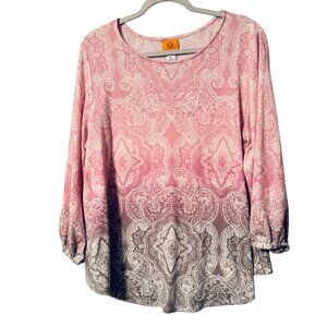 Ruby Rd. Womens Blouse Size XL Pink & Brown Paisley Print Long Sleeve Top